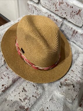 Woven Straw Fedora Hat with Pink Braided Trim